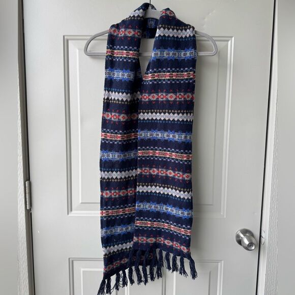 J.Crew Fuzzy Fringe Scarf Southwestern Pattern Navy Multi 100% Wool Preppy - Picture 1 of 4